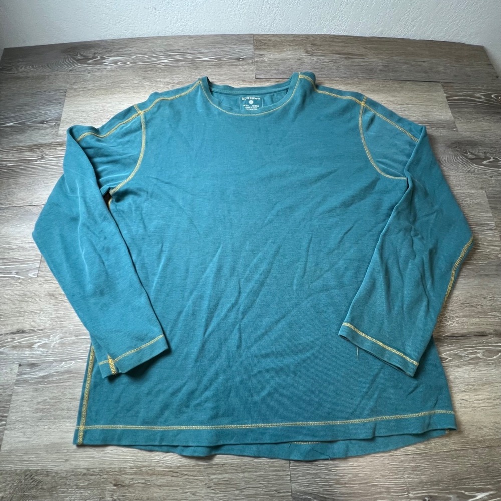 RuffHewn Shirt Mens Large Teal Blue Long Sleeve Ribbed Cotton Contrast Stitch
